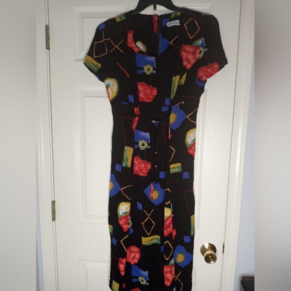 J.D. Stone 12 Black Multicolor Belt ShrtSlves SlitSides Rayon Women's Midi Dress